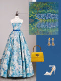 Beautiful Ball Gown Strapless Blue Floral Satin Long Prom Dresses Formal Gowns Inspo Evening Outfit HZ0311