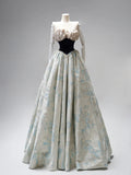 Modest Ball Gown Strapless Floral Blue Satin Long Evening Prom Dresses Floor Length Evening Formal Dress HZ0311