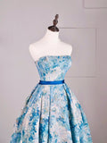 Beautiful Ball Gown Strapless Blue Floral Satin Long Prom Dresses Formal Gowns Inspo Evening Outfit HZ0311